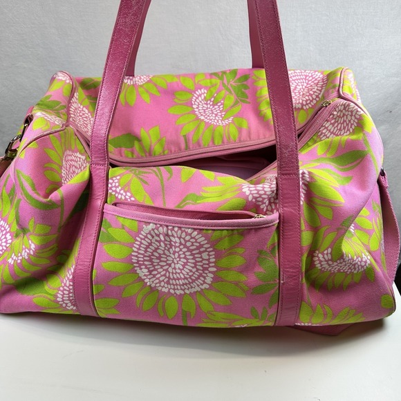 Lilly Pulitzer Handbags - Lilly Pulitzer Sunflower Soleil Duffle Bag With Leather Strap Pink Green 20"x10"